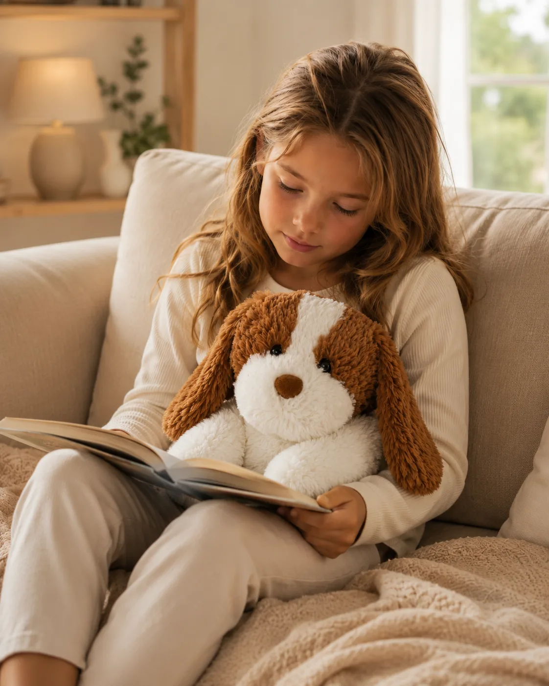 Kind knuffelt de RustHond thuis in bed