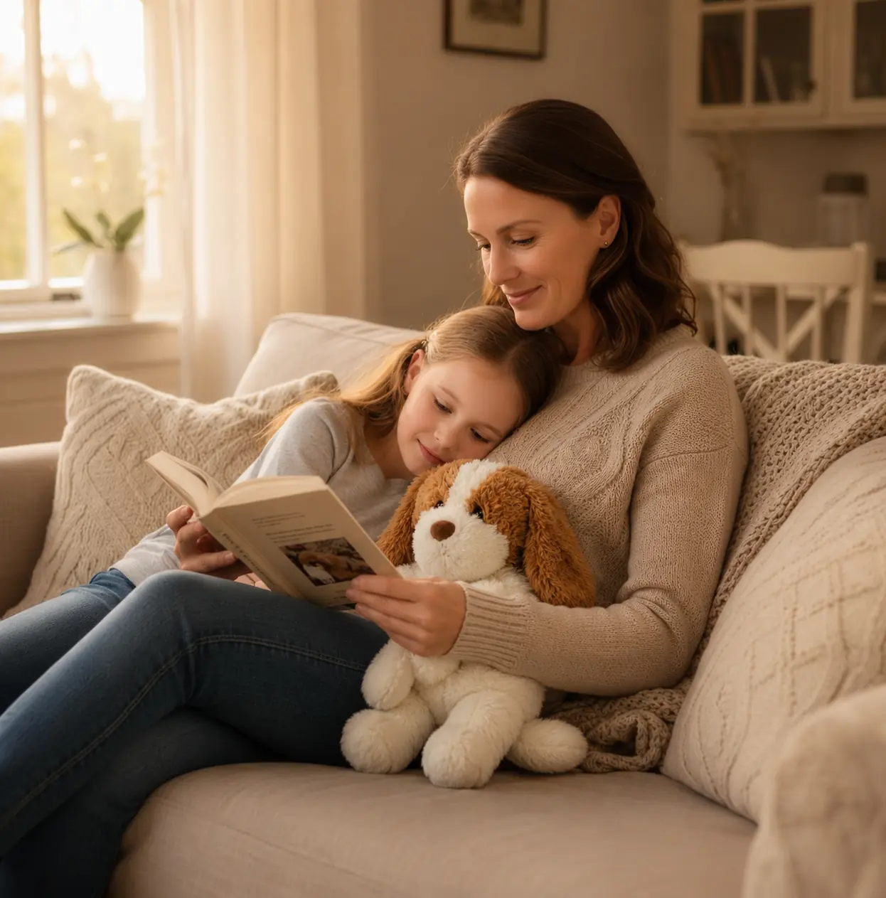 Moeder en kind op de bank met de Kyendo knuffel